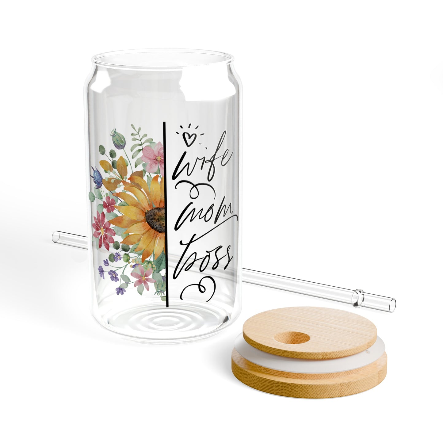 Wife Mom Boss Floral  Sipper Glass, 16oz