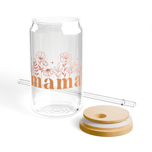 Mama Orange Floral Sipper Glass, 16oz